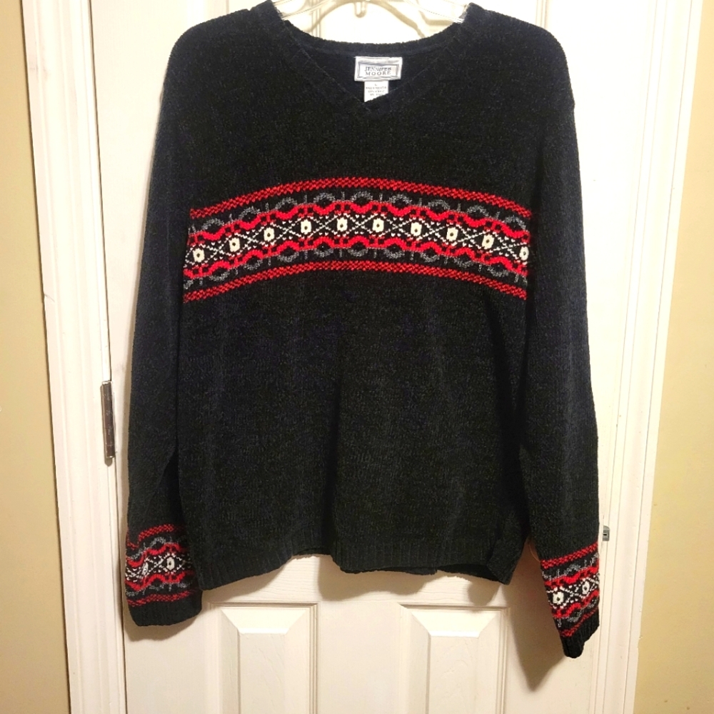 Jennifer Moore Sweater Womens Large V-Neck Pullover Black Red‎ White
